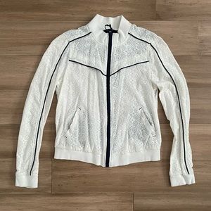 Free People Bomber Jacket, Embroidered Eyelet Lace, White, size M